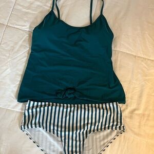 Teal Tankini Top with Striped Bottoms